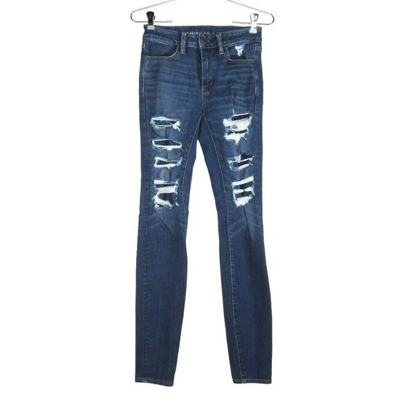 American Eagle Destressed Hi-Rise Jegging Jeans Size 25 Medium Wash Blue Denim - Picture 1 of 13